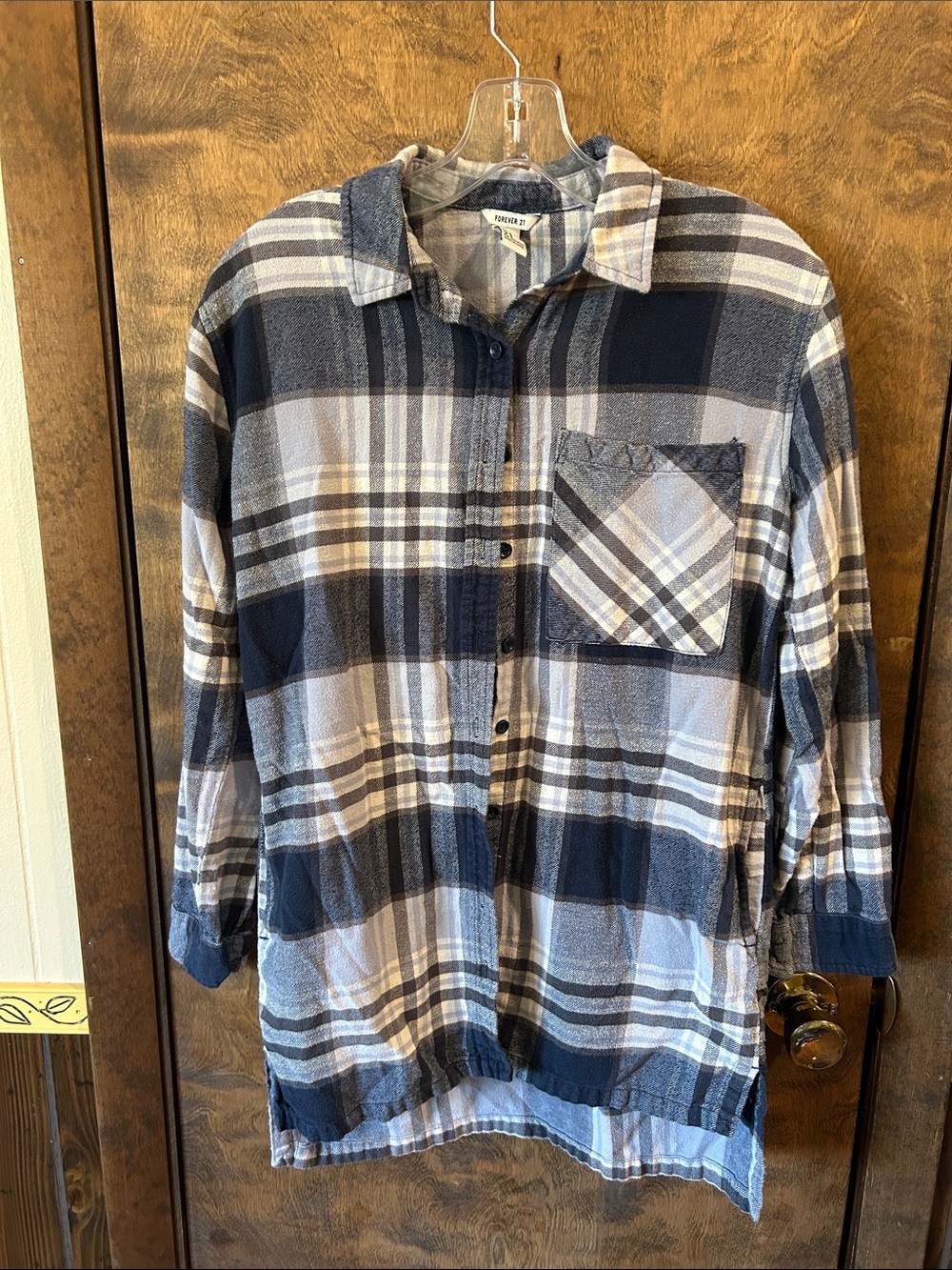 Forever 21 Navy and White Plaid Flannel Button-Up Shirt